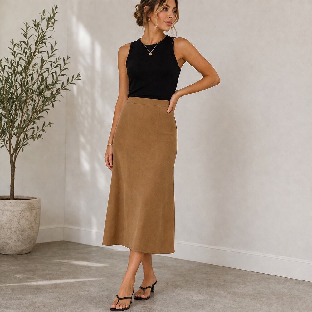 Adrienne Landau Cornstalk Tan Midi Skirt Silk Blend Sz SXLNWOT